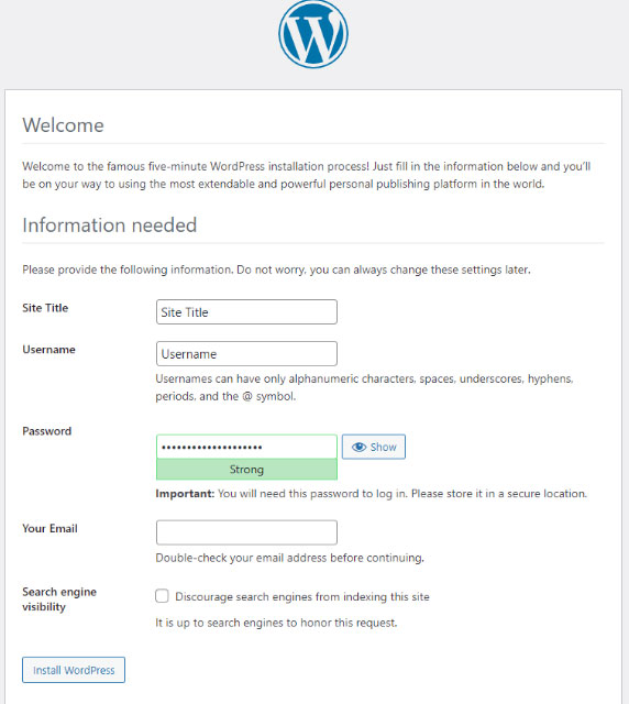 setup user credential for wordpress